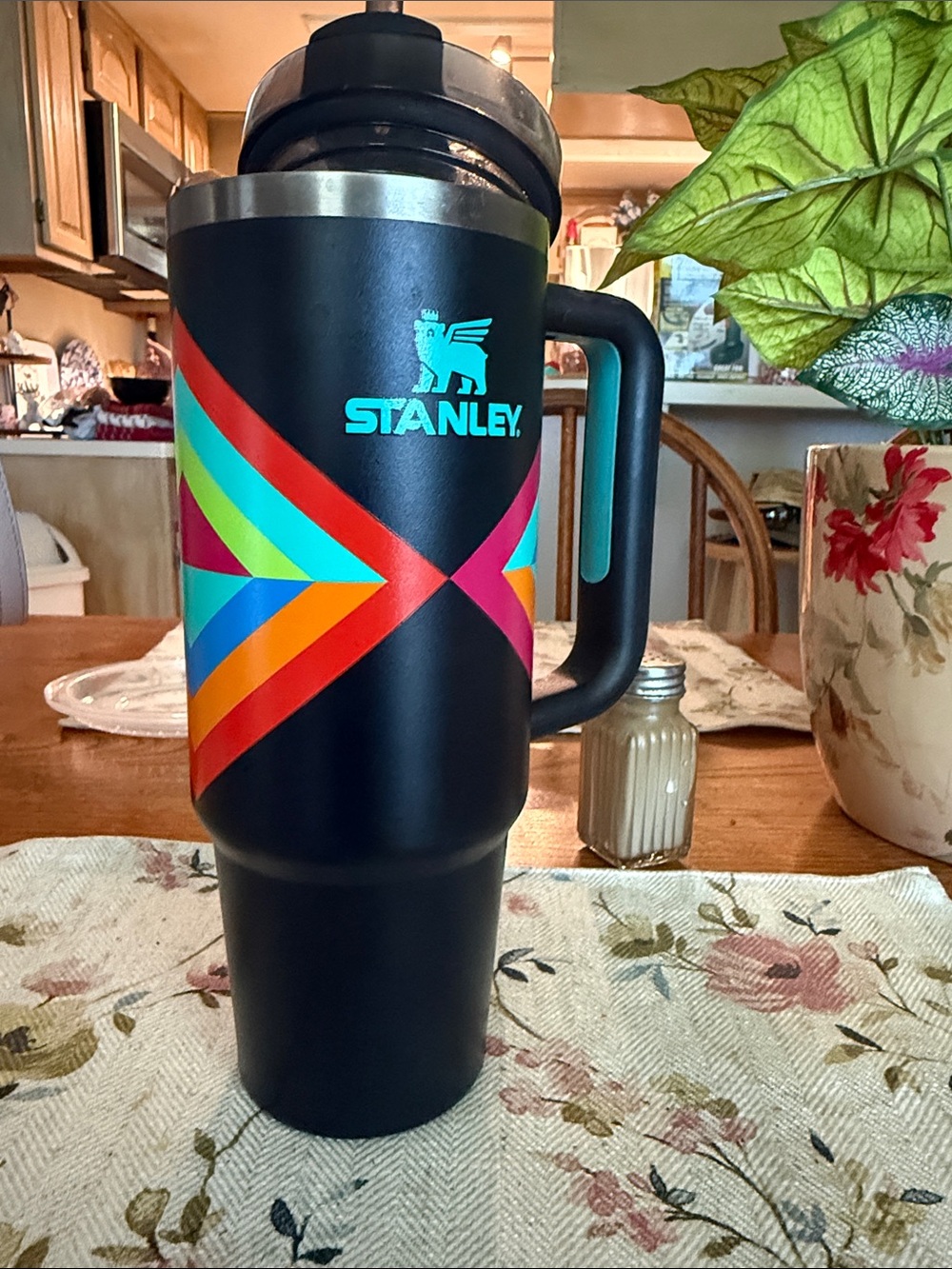 Stanley Black Travel Mug with Rainbow Chevron Stripes